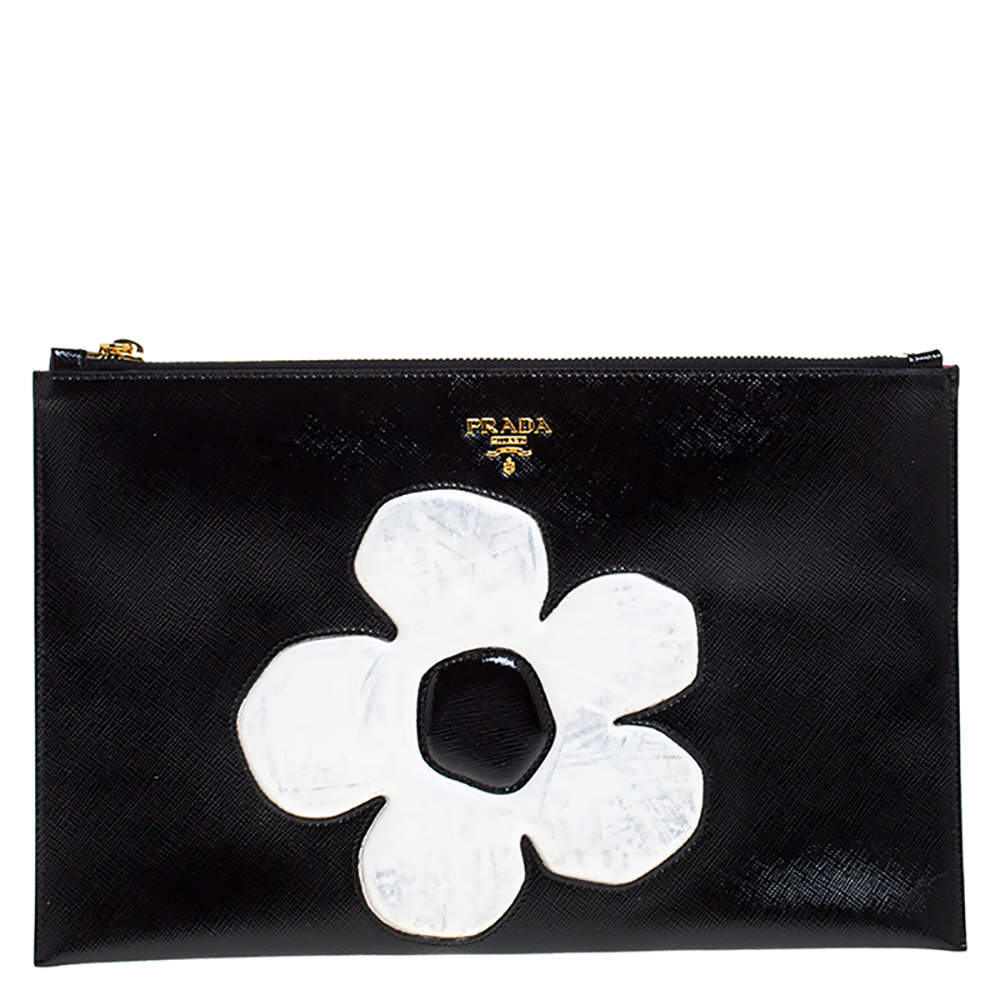 Pre Owned Prada Black Saffiano Vernice Flower Clutch