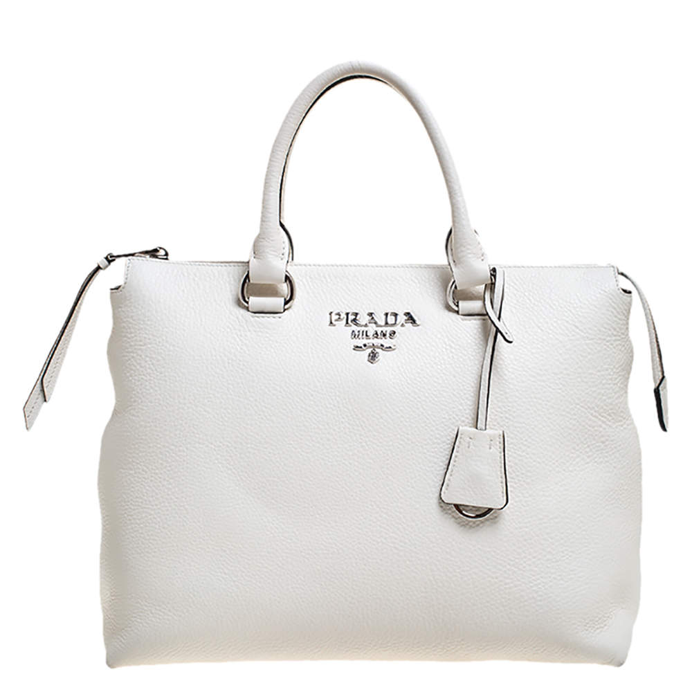 Pre Owned Prada White Vitello Phenix Leather Convertible Bag