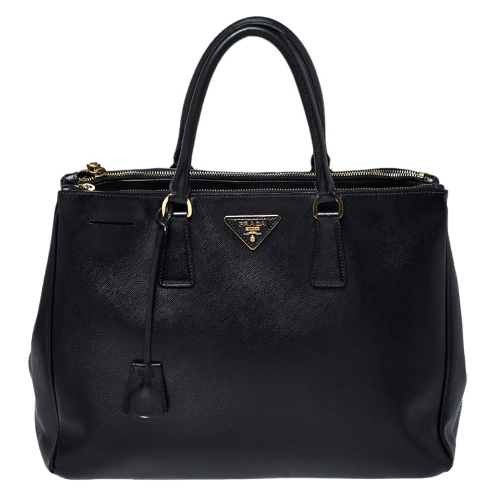 Pre Owned Prada Black Saffiano Lux Leather Large Double Zip Tote