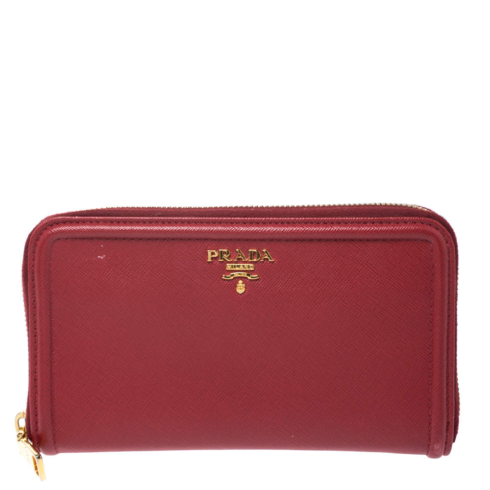 Pre Owned Prada Red Saffiano Leather Zip Around Wallet