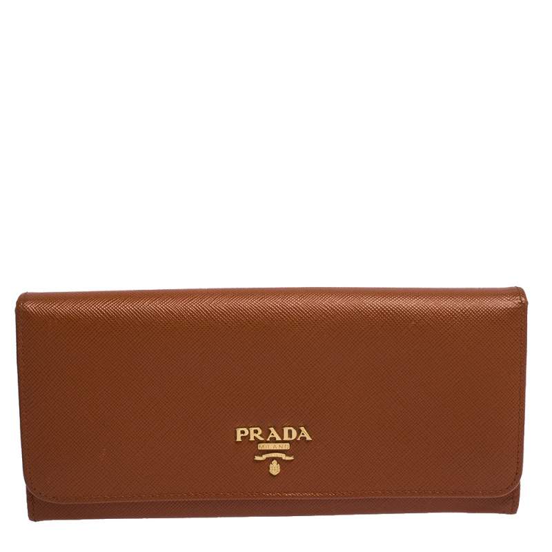 Pre Owned Prada Orange Saffiano Lux Leather Continental Wallet