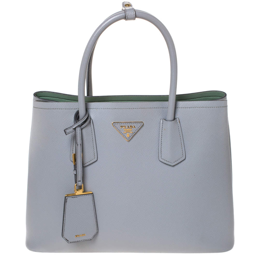 Pre Owned Prada Grey Saffiano Cuir Leather Medium Double Handle Tote