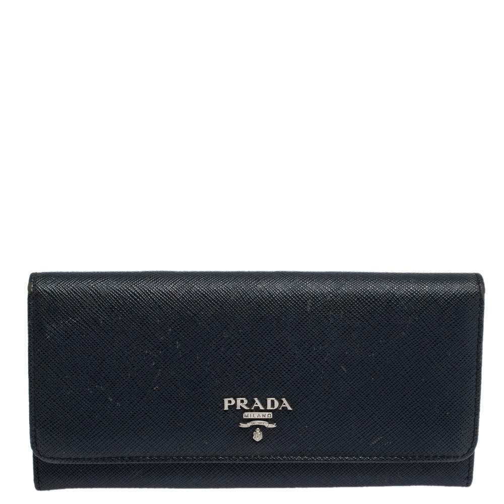 Pre Owned Prada Navy Blue Saffiano Leather Flap Continental Wallet