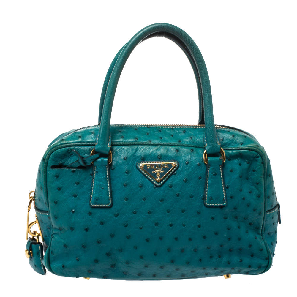 Pre Owned Prada Blue Ostrich Bauletto Satchel