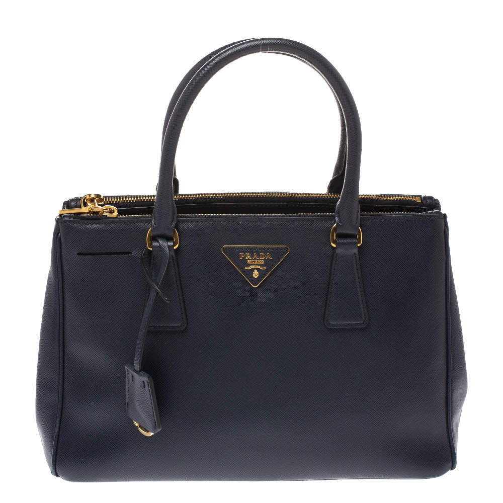Pre Owned Prada Navy Blue Saffiano Lux Leather Small Double Zip Tote