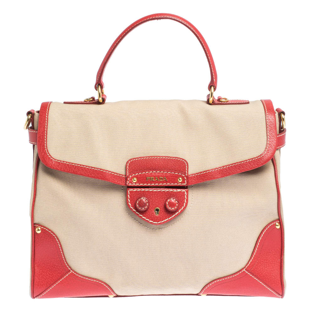 Prada Beige/Red canvas and Leather Cinghiale Top Handle Bag        