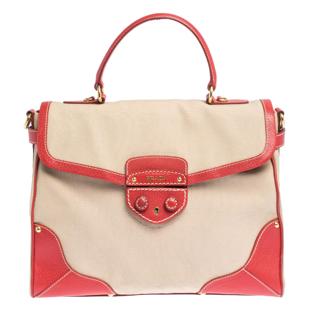 Pre Owned Prada Beige/Red canvas and Leather Cinghiale Top Handle Bag        