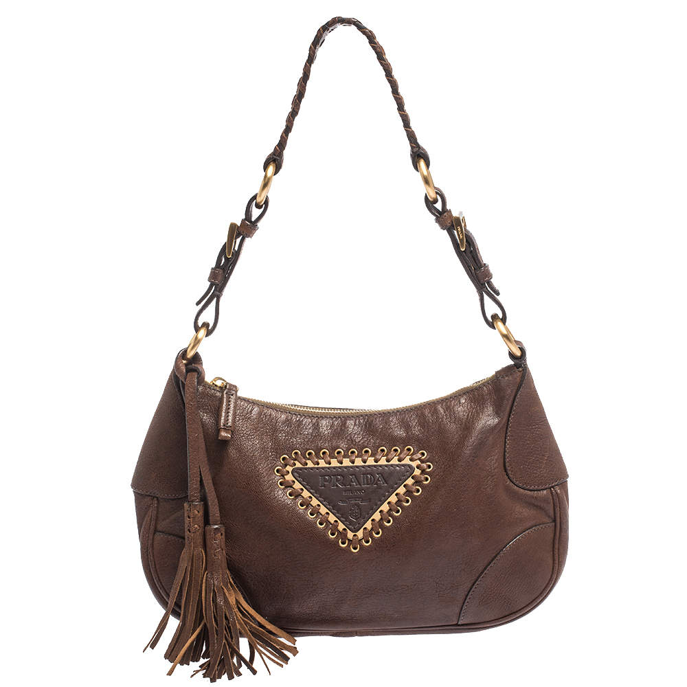 Pre Owned Prada Brown Leather Tassel Shoulder Bag