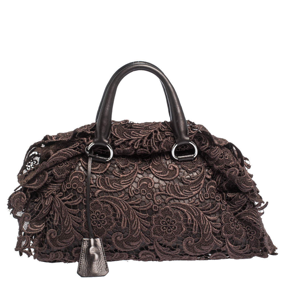 Prada Dark Brown Lace and Leather Pizzo Bowler Bag