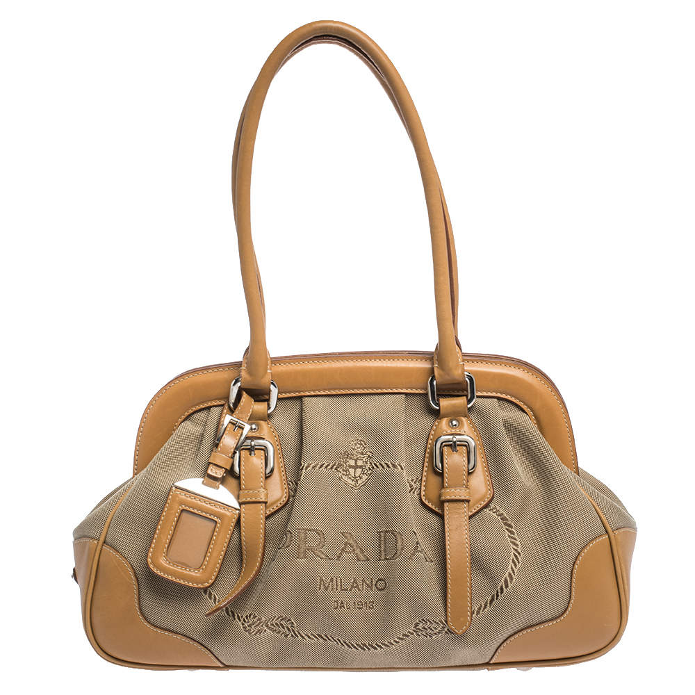 Prada Brown Beige Canvas and Leather Frame Doctor Satchel Prada TLC