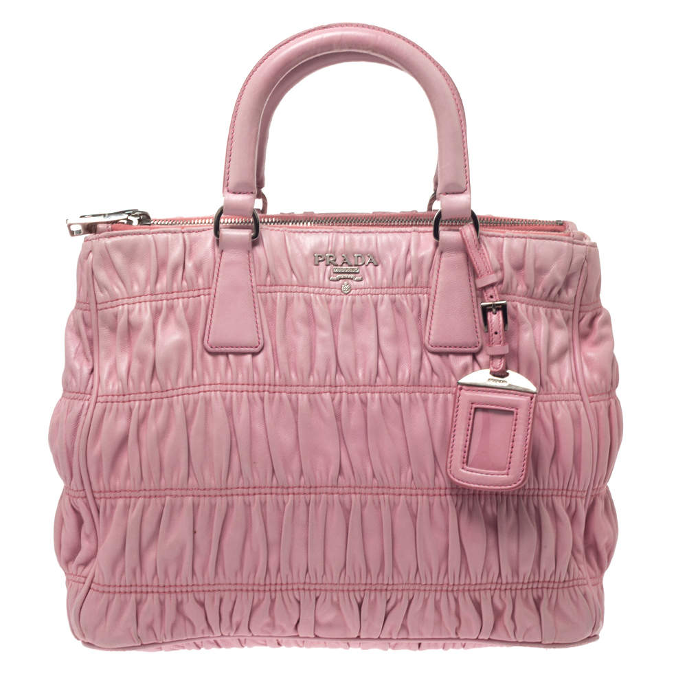 Pre Owned Prada Pink Gaufre Leather Double Zip Tote