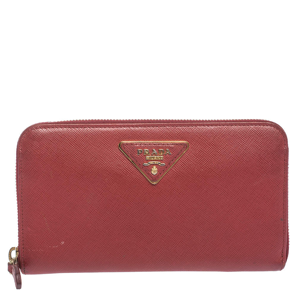 Prada Red Saffiano Lux Leather Zip Around Wallet