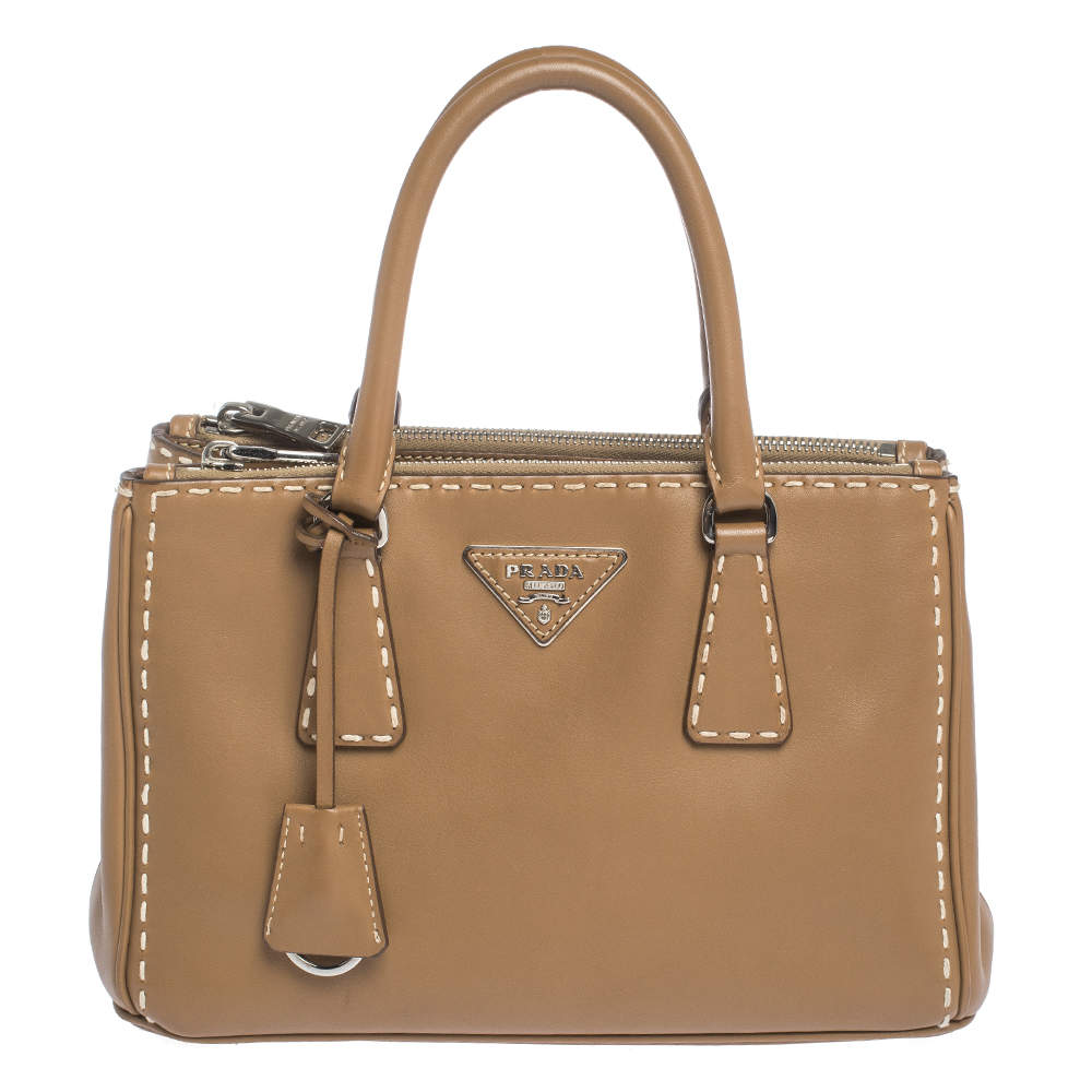 Pre Owned Prada Tan Leather Mini Double Zip Tote