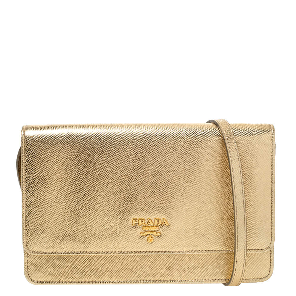 Prada Metallic Gold Saffiano Lux Leather Flap Crossbody Bag