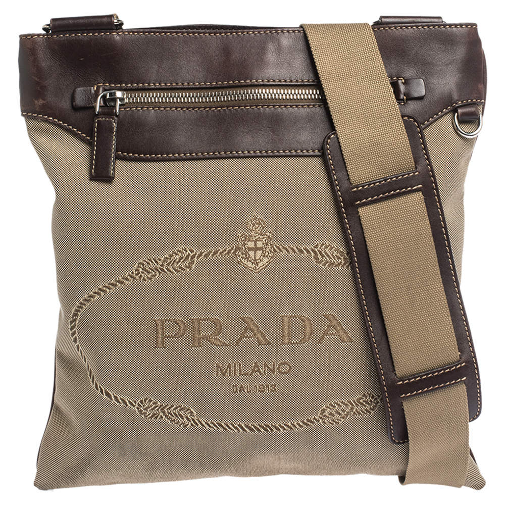 PRADA Brown Canvas Jacquard Logo Leather Crossbody Shoulder Bag With  Dustbag