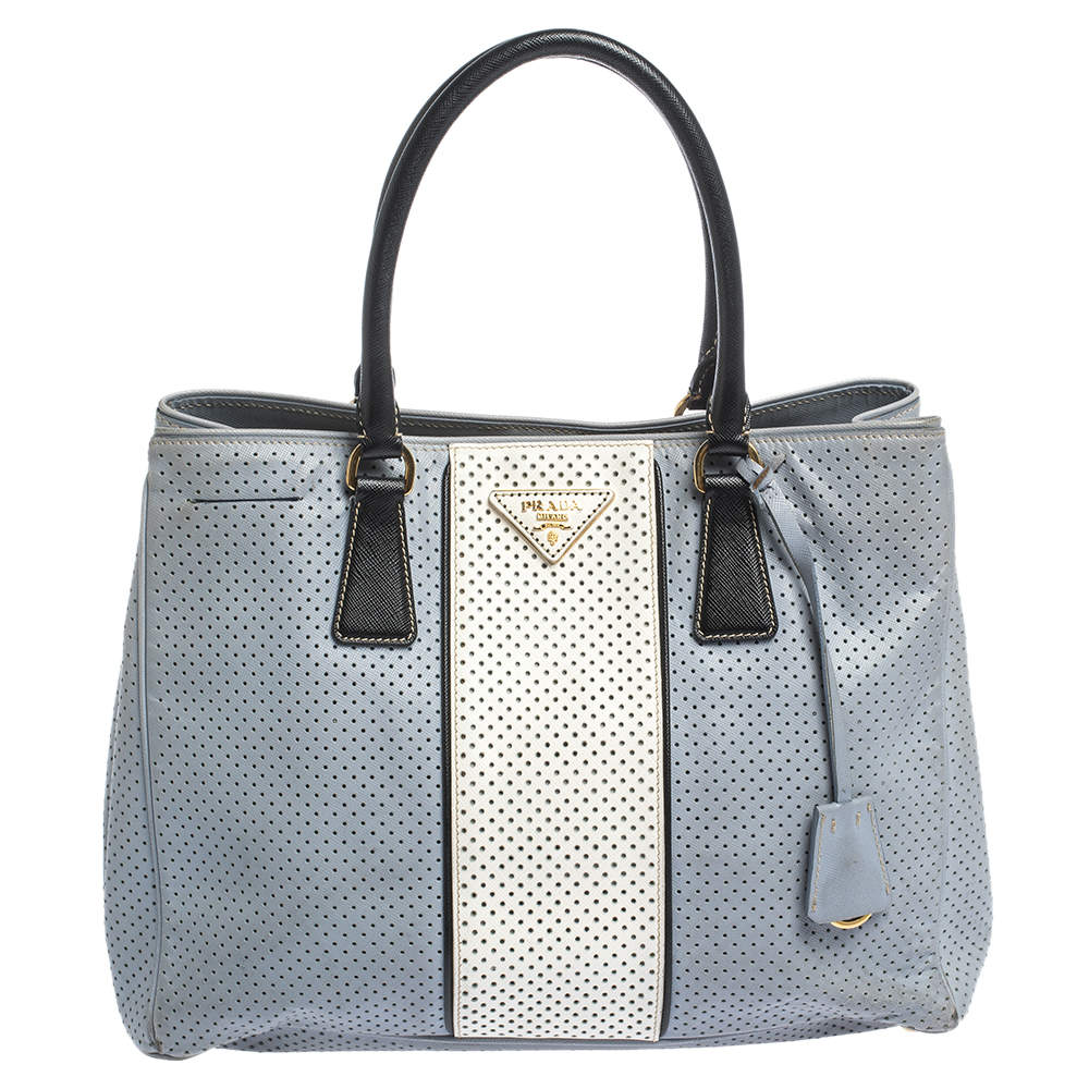 Pre Owned Prada Bicolor Perforated Saffiano Lux Leather Medium Tote