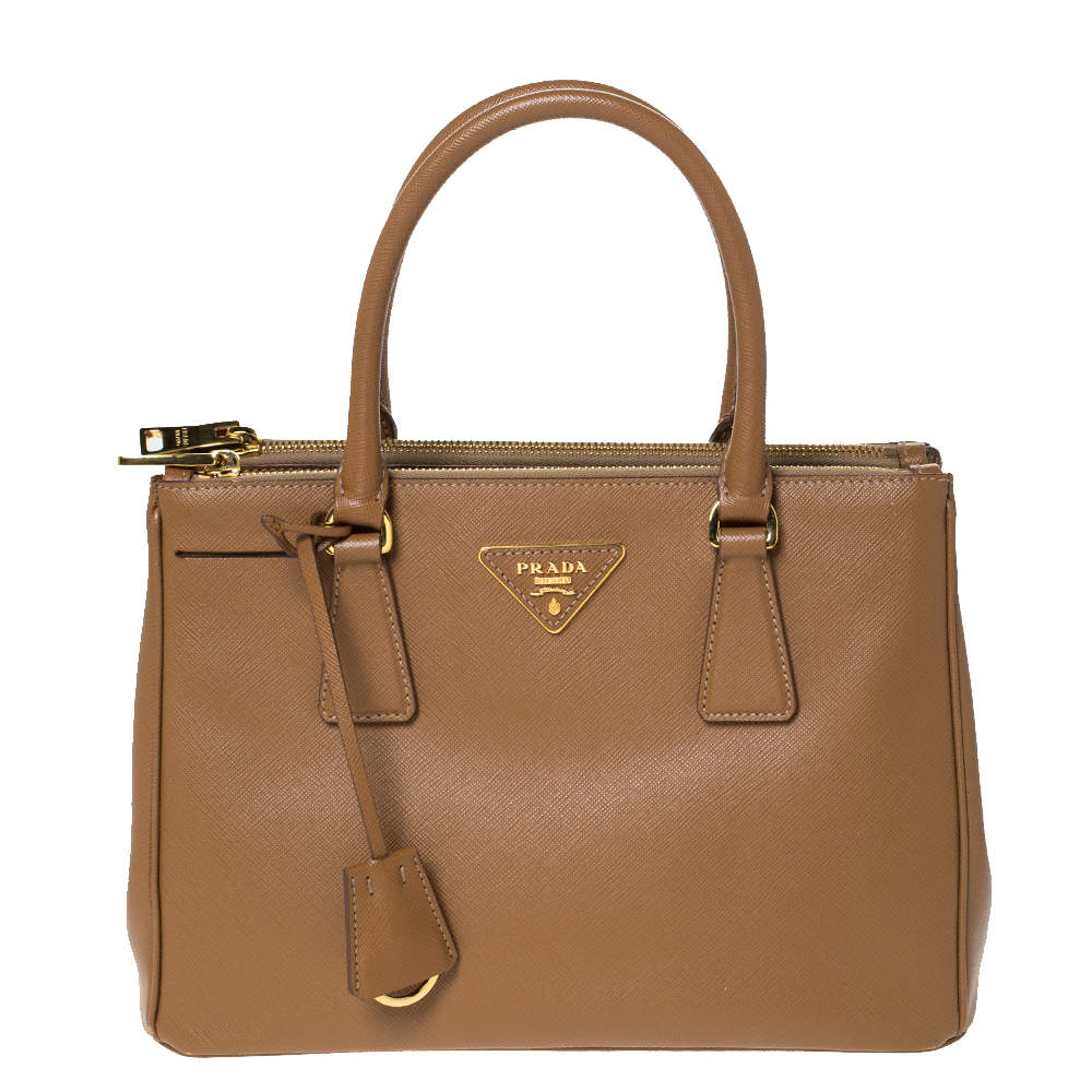 Pre Owned Prada Caramel Saffiano Lux Leather Double Zip Tote