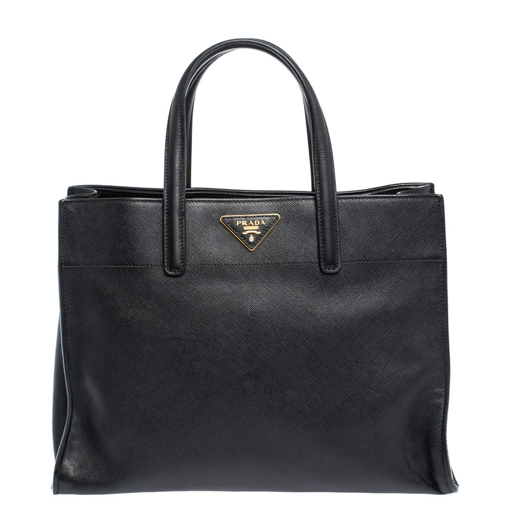 Pre Owned Prada Black Leather Logo Plaque Tote