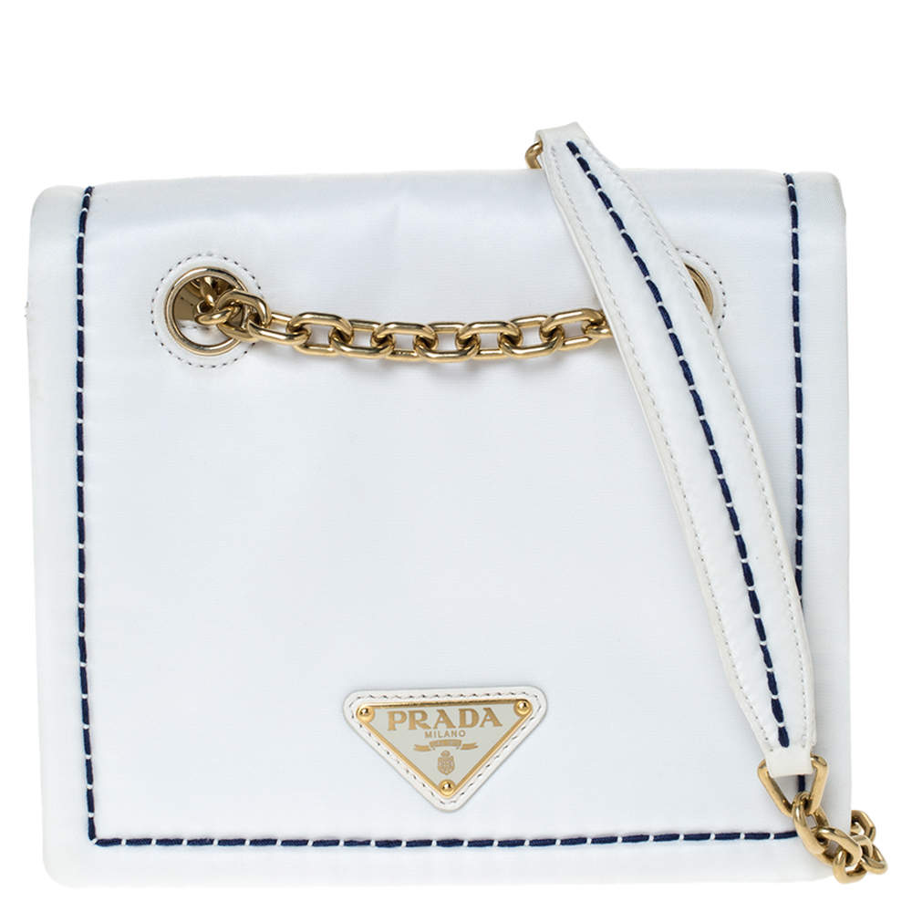 Prada White Tessuto Nylon Logo Plaque Flap Chain Shoulder Bag Prada | TLC