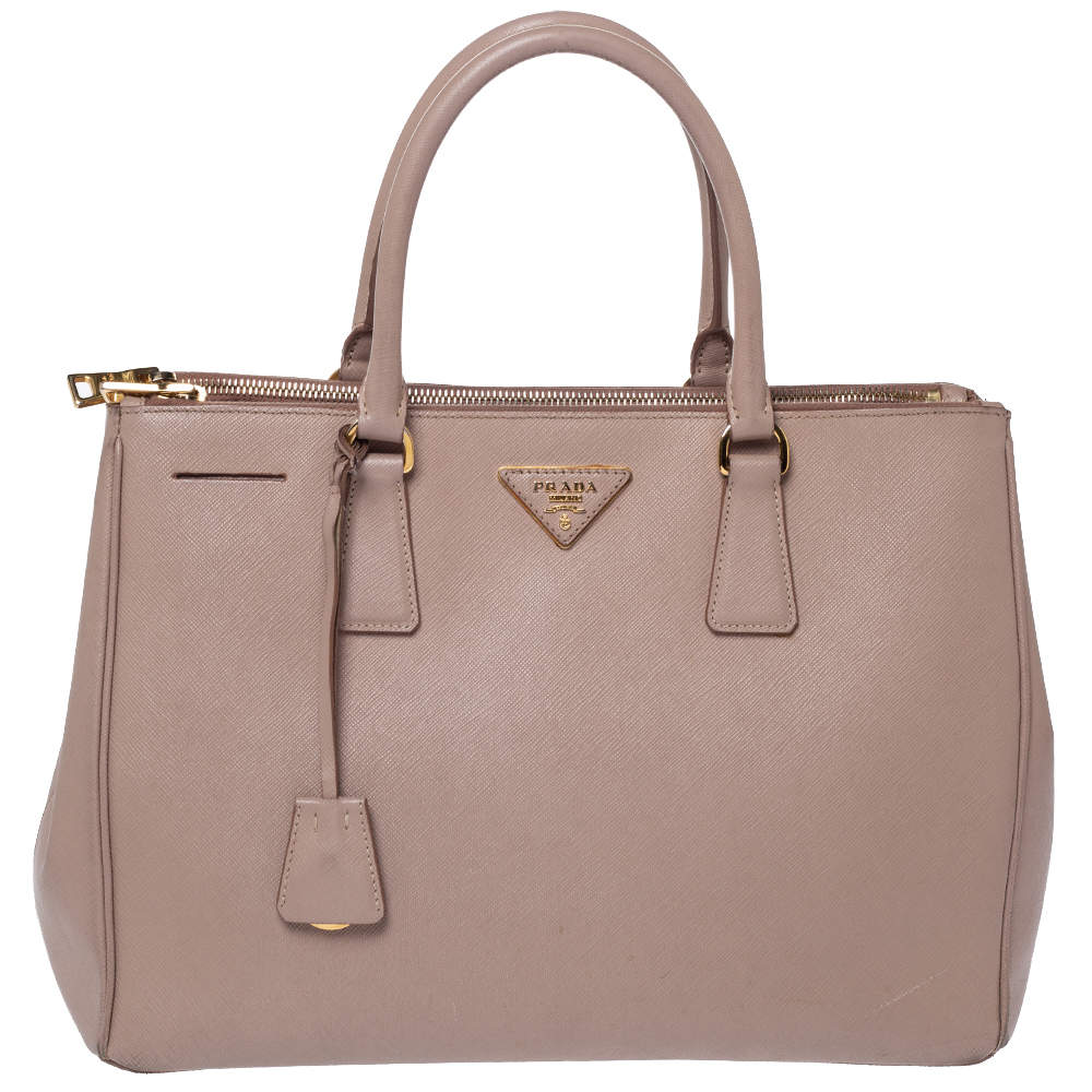 Pre Owned Prada Beige Saffiano Lux Leather Medium Double Zip Tote