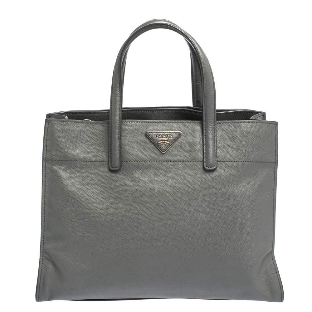 Pre Owned Prada Grey Saffiano Lux Leather Double Handle Tote
