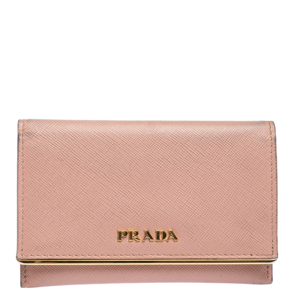 Prada Light Pink Saffiano Lux Leather Metal Flap Card Holder