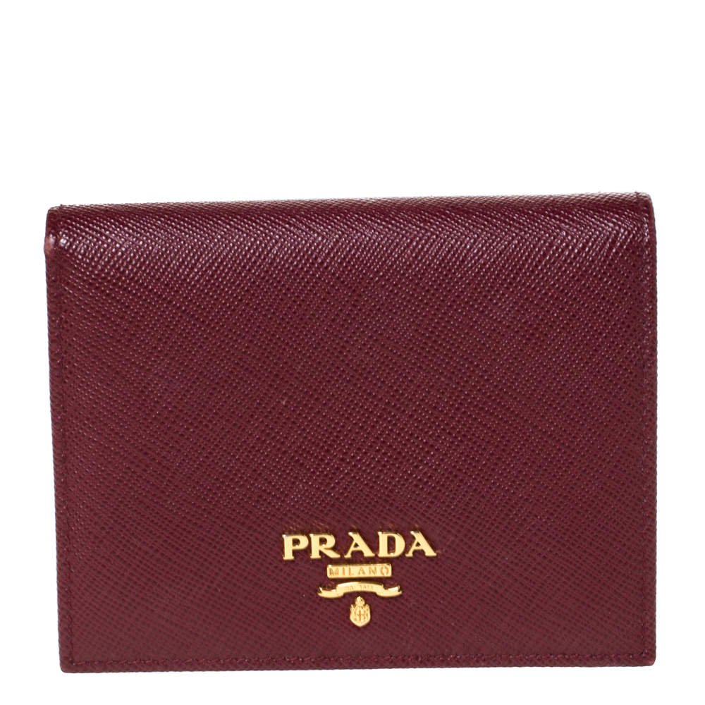 Pre Owned Prada Red Saffiano Lux Leather Compact Wallet