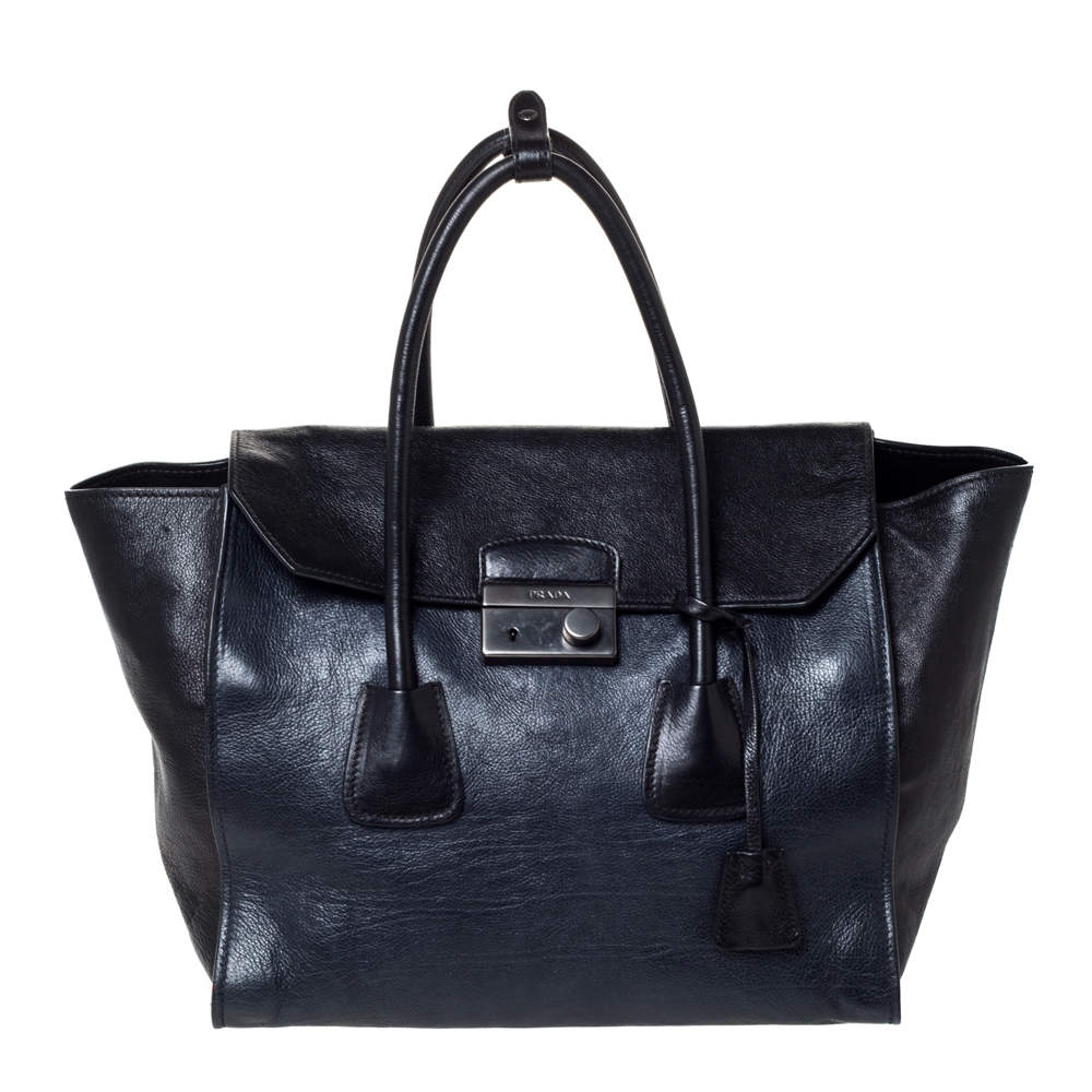 Pre Owned Prada Black/Blue Glace Leather Large Twin Pocket Tote 
