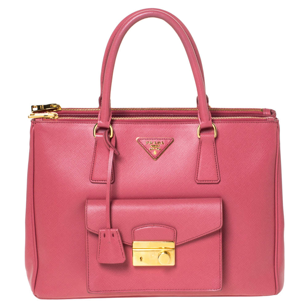 Pre Owned Prada Pink Saffiano Lux Leather Medium Front Pocket Double Zip Lux Tote