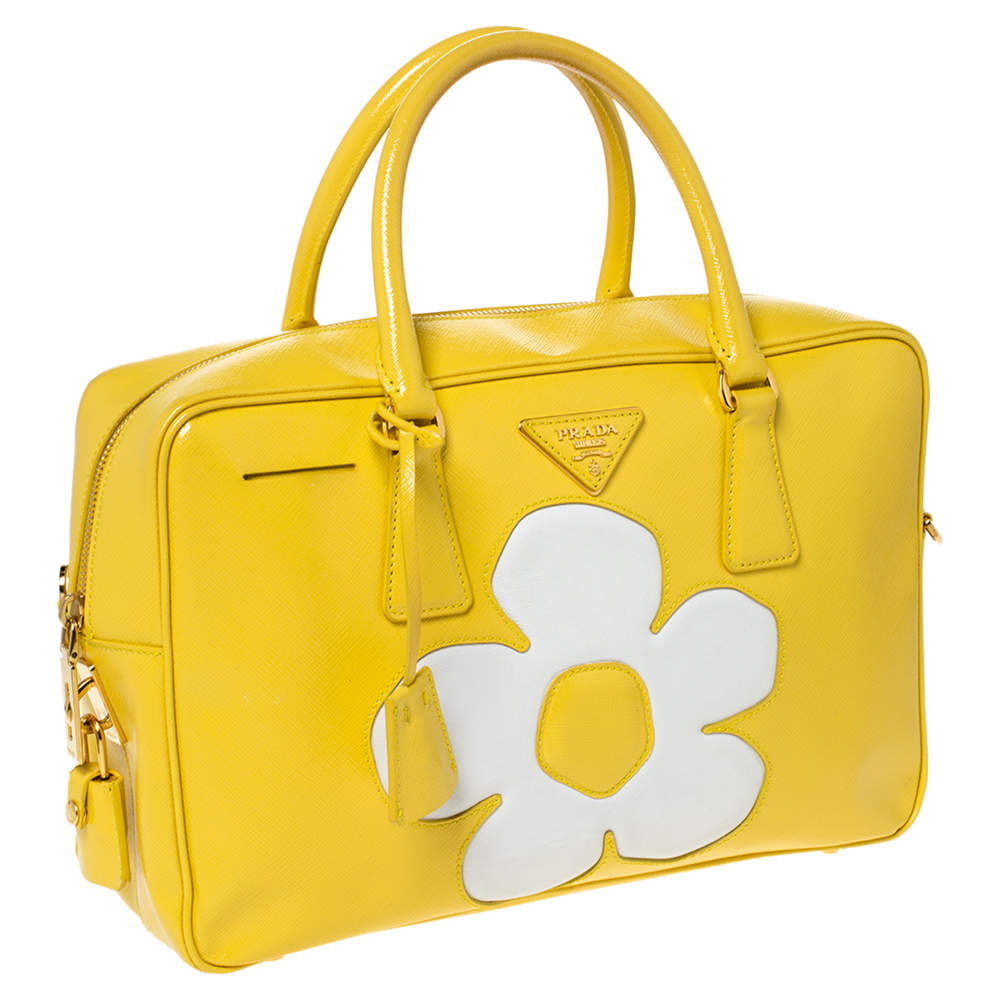 Prada Yellow/White Saffiano Patent Leather Flower Bauletto Bag Prada | TLC