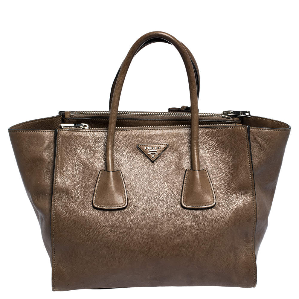 Pre Owned Prada Brown Leather Medium Twin Pocket Double Handle Tote