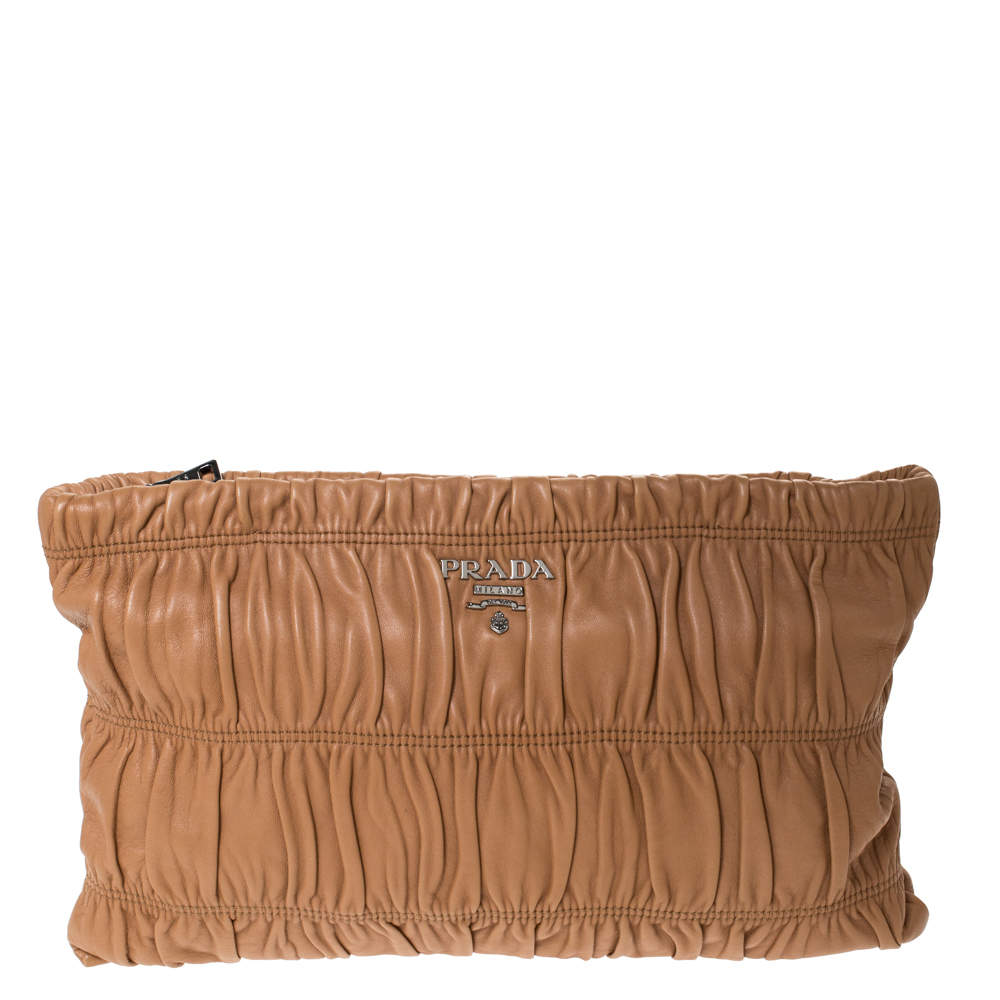 Pre Owned Prada Tan Nappa Gaufre Leather Clutch