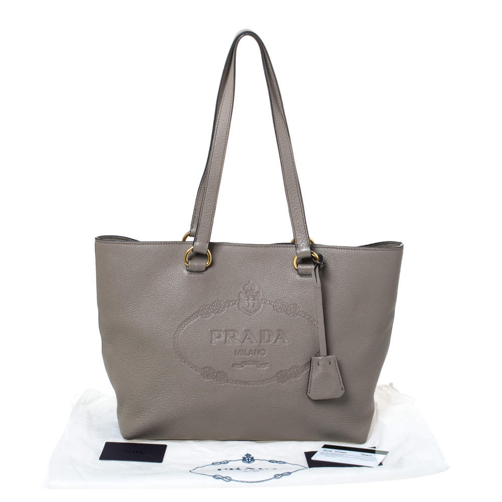 Prada Grey Vitello Daino Leather Logo Embossed Tote Prada | TLC