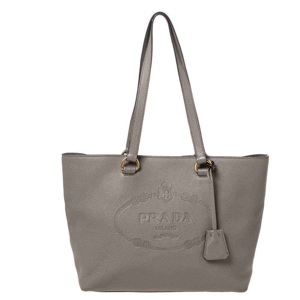 Pre Owned Prada Grey Vitello Daino Leather Logo Embossed Tote