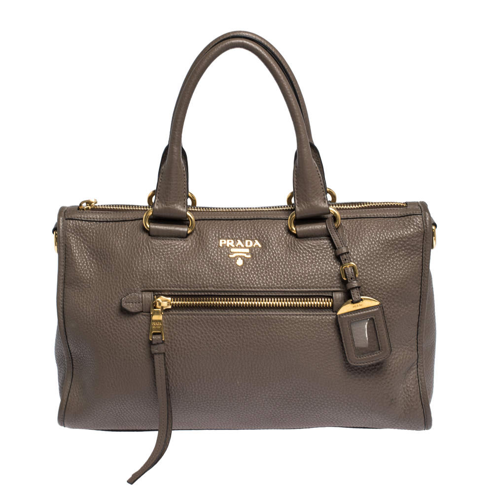 Pre Owned Prada Dark Beige Vitello Daino Leather Zip Tote