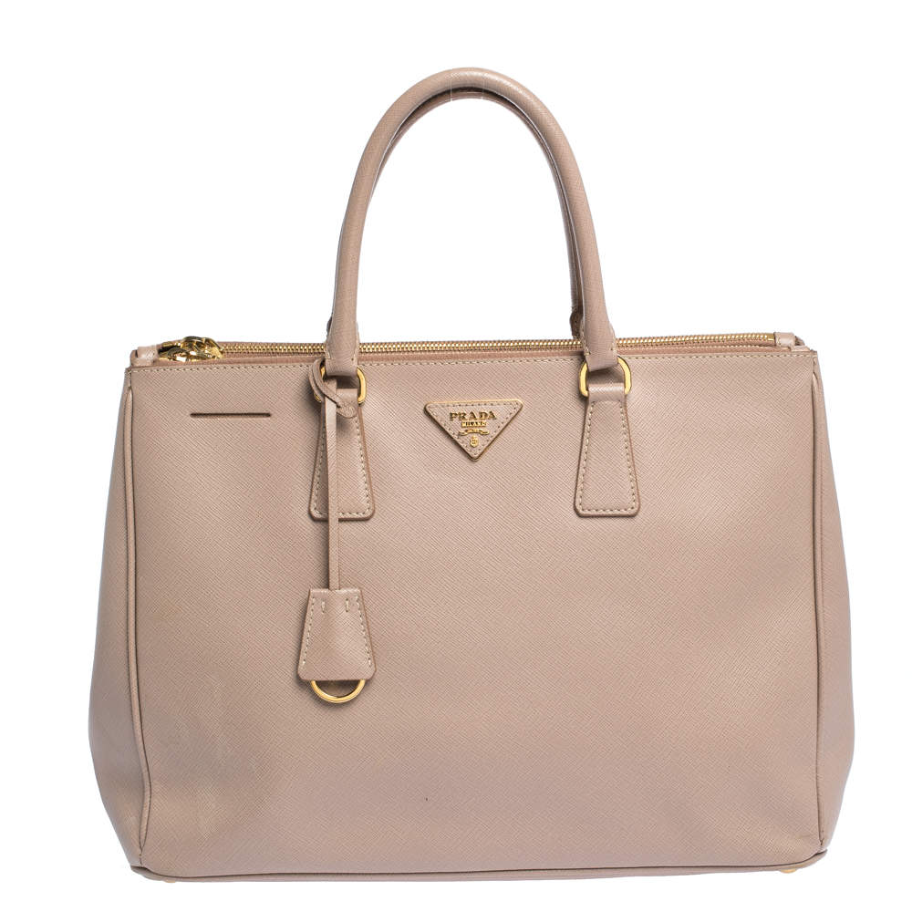 Pre Owned Prada Nude Beige Saffiano Lux Leather Large Double Zip Tote