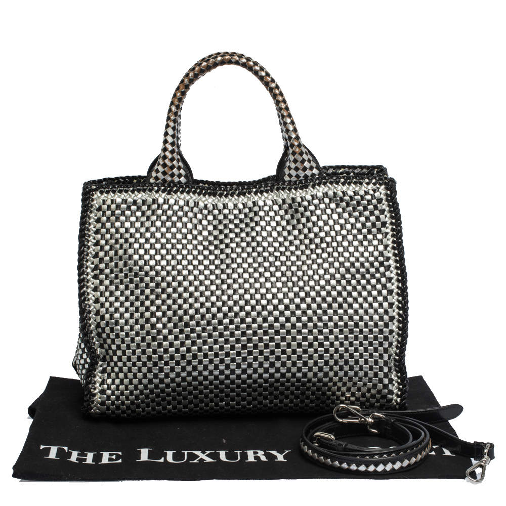 Prada Black Silver Woven Leather Madras Tote Prada TLC