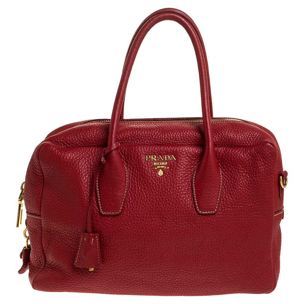 Prada Red Vitello Daino Leather Bowler Bag