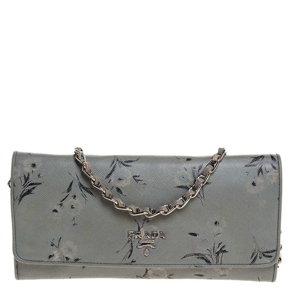 Prada Pale Blue Floral Print Saffiano Leather Wallet On Chain Prada | TLC