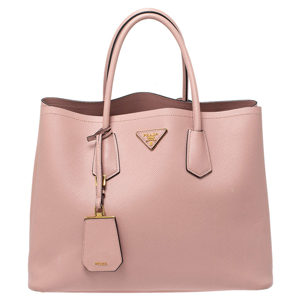 Pre Owned Prada Pink Saffiano Cuir Leather Medium Double Handle Tote
