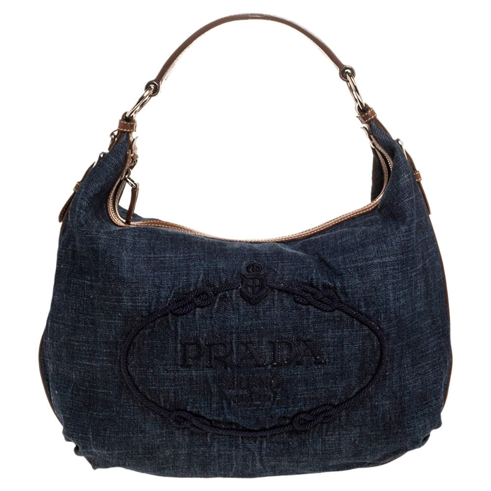 Pre Owned Prada Blue/Tan Denim and Leather Hobo