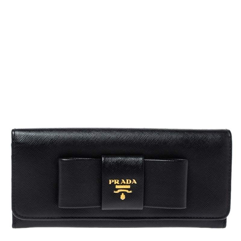 Pre Owned Prada Black Saffiano Lux Leather Bow Continental Wallet