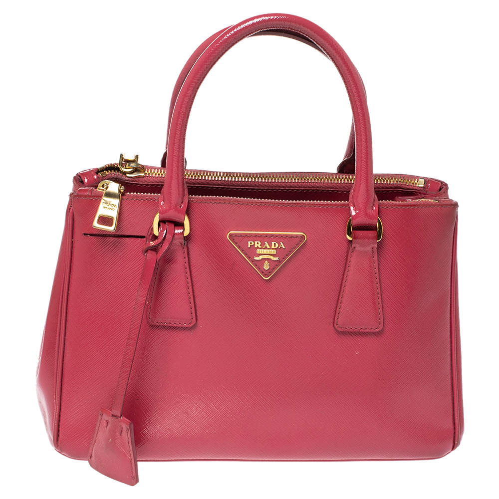Pre Owned Prada Fuchsia Saffiano Patent Leather Mini Double Zip Tote