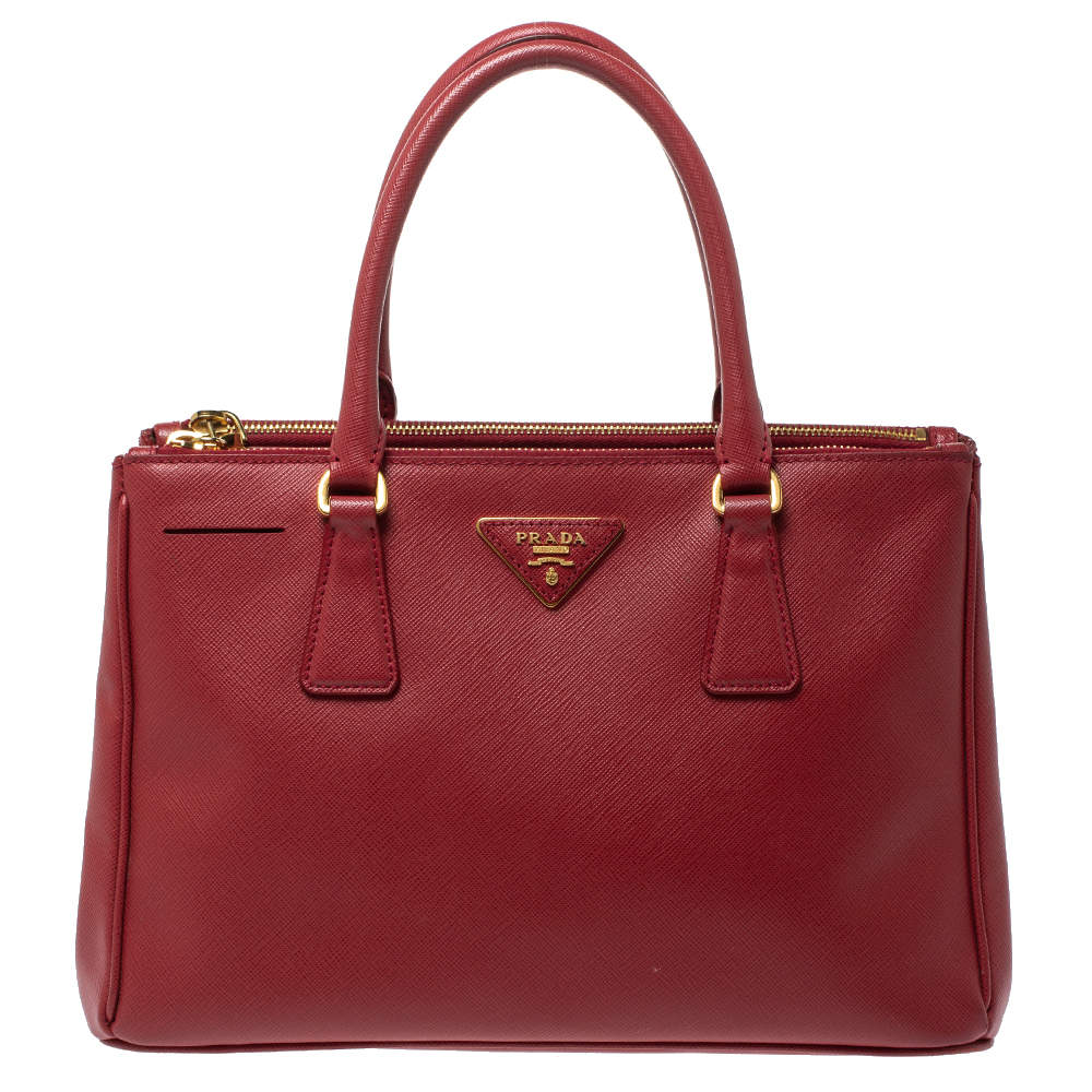 Pre Owned Prada Red Saffiano Lux Leather Small Galleria Double Zip Tote