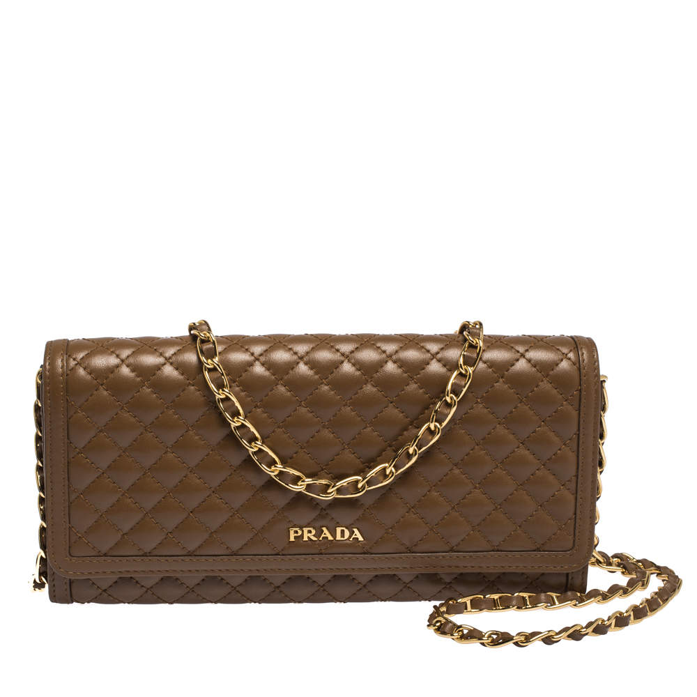 Pre Owned Prada Coffee Brown Quilted Leather Flap Wallet on Chain