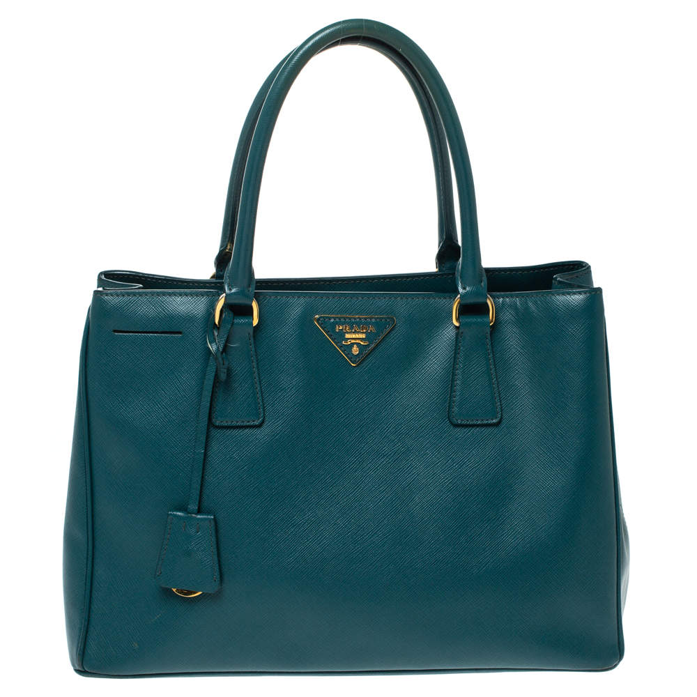 Pre Owned Prada Dark Green Saffiano Lux Leather Medium Galleria Tote