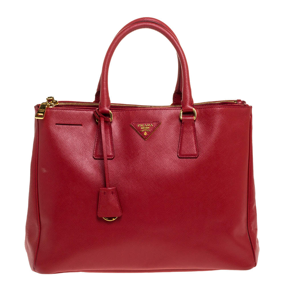 Pre Owned Prada Red Saffiano Lux Leather Large Double Zip Tote