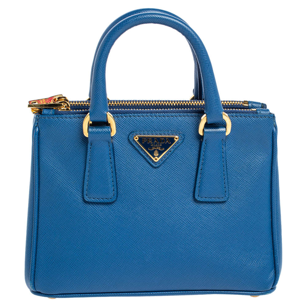 Pre Owned Prada Blue Saffiano Lux Leather Micro Double Zip Tote