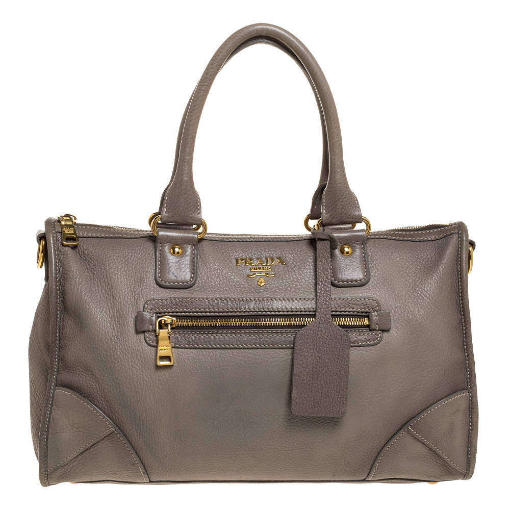 Pre Owned Prada Taupe Vitello Daino Leather Front Zip Tote