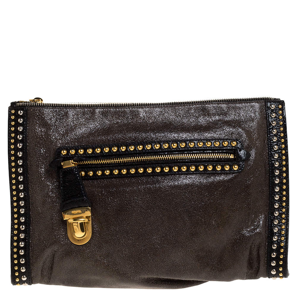 Pre Owned Prada Olive Green/Black Crackled Leather Studded Clutch